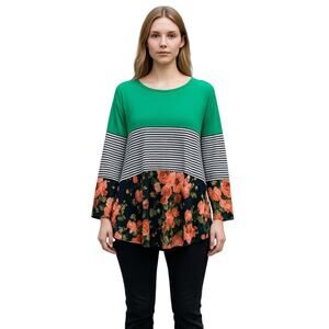 Egs California Green Colorblock‎ Striped Floral Print Long Sleeve Tunic Top XL
